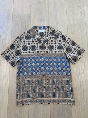 Topman Beige & Blue Short-Sleeve Button-Down Shirt Size Small
